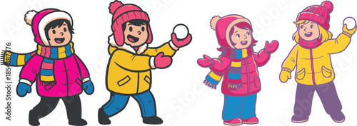 Children enjoy playing with snowballs in winter