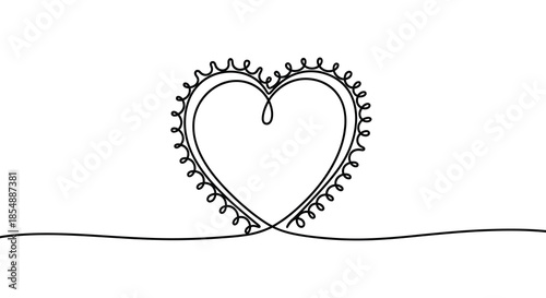 A delicate continuous line drawing depicts a heart shape with a trailing line symbolizing love and connection