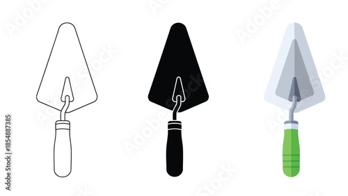 Trowels Vector Set in Three Styles — Line Art, Silhouette and Color Version for Construction Work