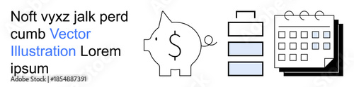 Money management, financial planning, task organization, time tracking, budgeting, scheduling. Piggy bank with a dollar sign, stacked rectangles and a calendar. Financial planning and productivity