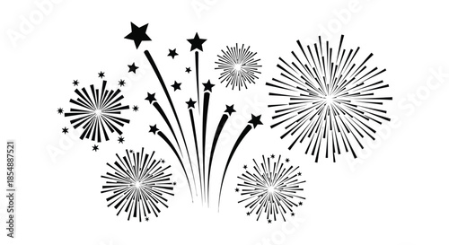 A beautiful monochrome illustration depicting a vibrant burst of fireworks and sparkling stars