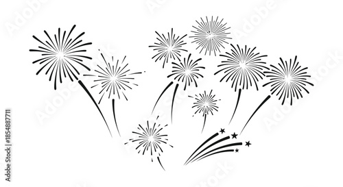 A delicate sketch of exploding fireworks displays capturing a celebratory and cheerful atmosphere with fine details
