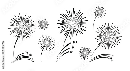 A collection of stylized fireworks displays with varying sizes and trails creating a festive scene