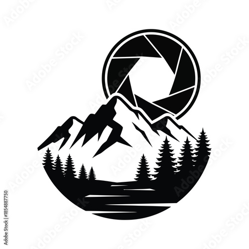 Modern nature landscape silhouette with shutter icon, creative photography studio emblem.