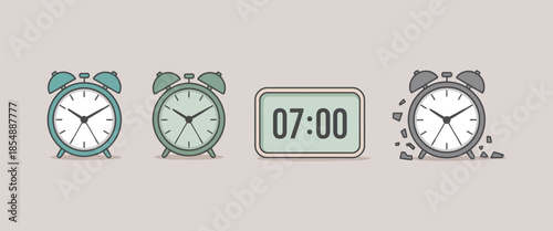 Alarm clock icon set with analog digital and broken clock symbols for time management waking up and schedule concepts vector