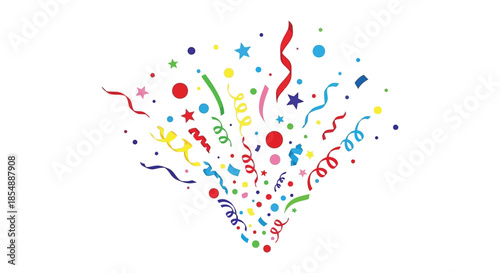 A vibrant explosion of colorful confetti and streamers creates a festive and celebratory atmosphere