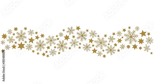 A golden decorative border featuring a whimsical arrangement of snowflakes and sparkling stars