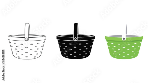 Colorful Baskets Vector Set in Three Styles — Line Art, Silhouette and Color Version