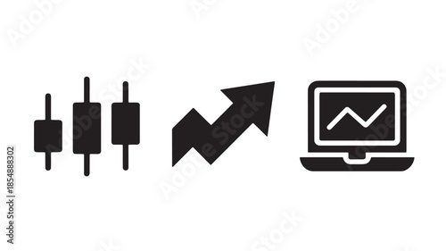 Candlestick chart with upward trend on laptop screen in modern minimalist style with simple black graphics for financial analysis