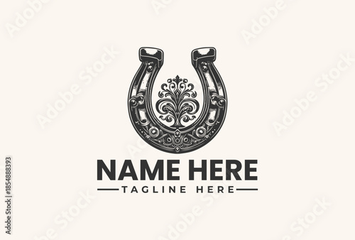 A logo design featuring a horseshoe with an ornate floral pattern and placeholder text on a beige background, with a vector illustration style.