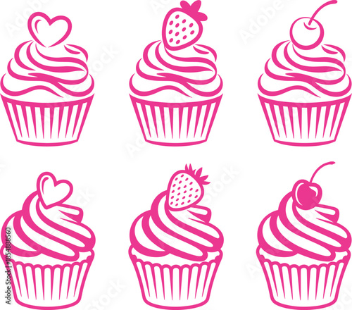 Six pink line art cupcakes with heart strawberry and cherry toppings outline vector