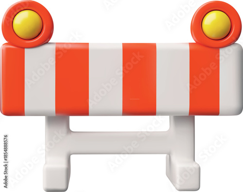 Road traffic barrier 3D icon, orange striped temporary fence with lamps for road repair, emergency works front view