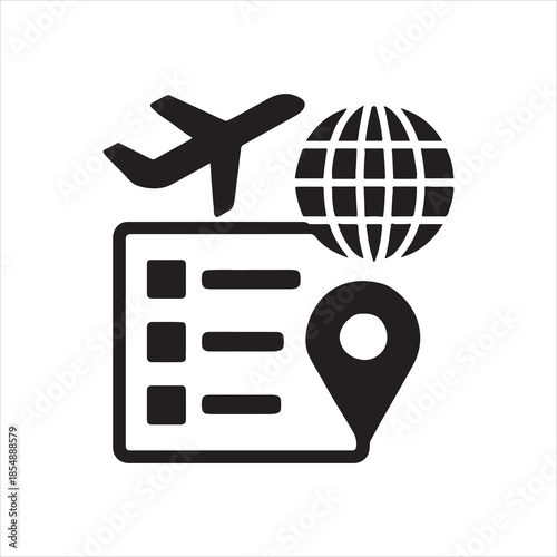 Flight planning and global destinations black and white conceptual icon with airplane and globe for travel and tourism promotion