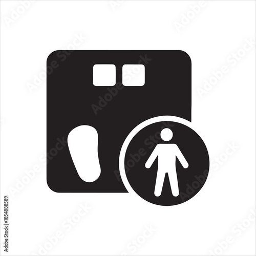 Black and white illustration of a digital scale for measuring weight loss goals and tracking progress with an exercise guide icon