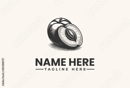 A black and white illustration of a cut kiwi fruit with a leaf, accompanied by placeholder text for a logo or brand name and tagline on a plain background.