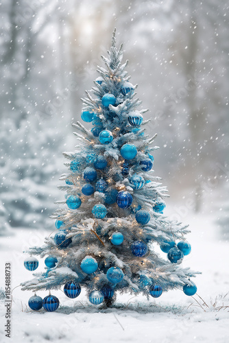 Blue Christmas Tree Decorated with Ornaments in Snowy Winter Forest (PNG 4608×6912)