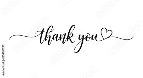 Elegant calligraphy displaying the phrase thank you with a delicate heart illustration on a white background