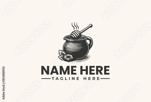 A black and white vector illustration of a honey pot with a honey dipper on a clean white background, conveying a simple and elegant design for a logo or icon.