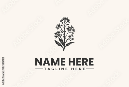 A minimalist logo design featuring a stylized flower icon with the text 'NAME HERE' and 'TAGLINE HERE' on a clean white background, illustration, vector graphic.