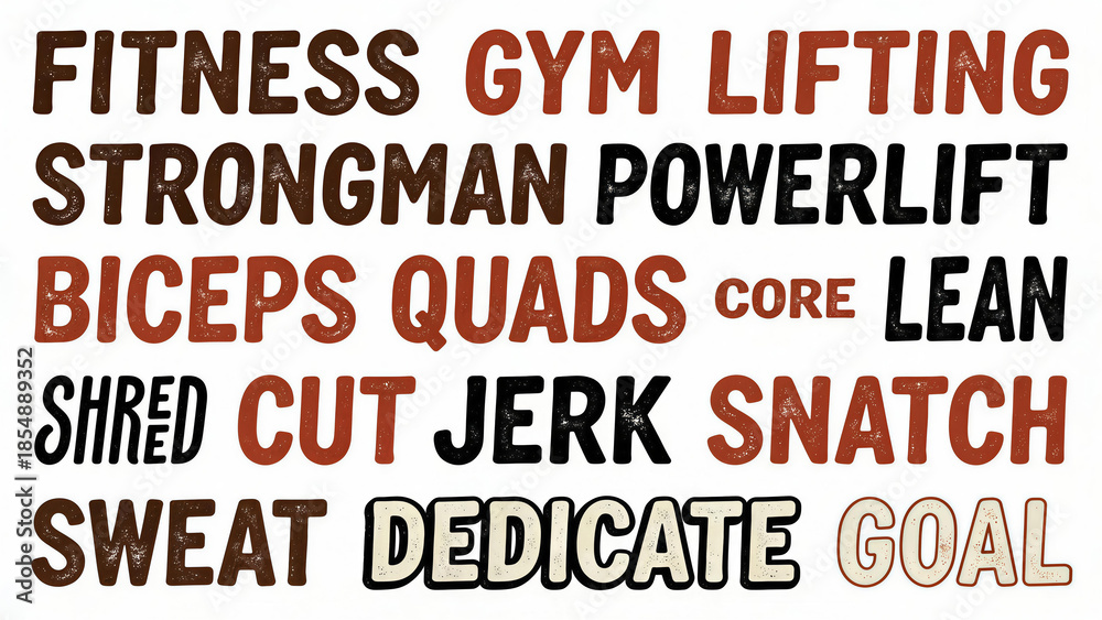 Obraz premium Retro Vintage Fitness Typography Collection with Strength Training and Bodybuilding Motivational Keywords