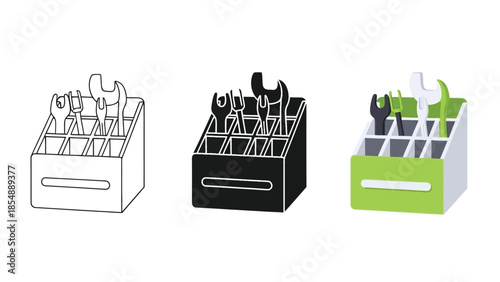 Toolbox Designs Vector Set in Three Styles — Line Art, Silhouette and Color Version with Wrenches and Screwdriver