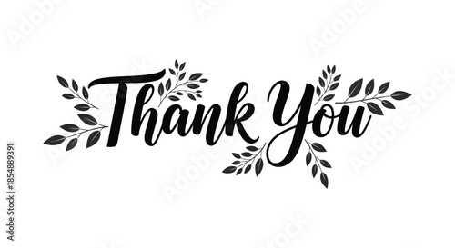 Elegant calligraphy of thank you with decorative floral leaves forming a beautiful heartfelt message