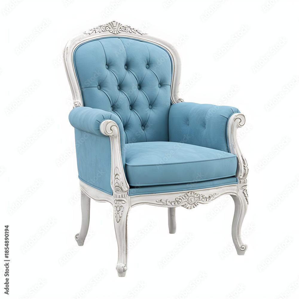 Fototapeta premium Elegant light blue upholstered armchair with ornate white wooden frame and tufted backrest, isolated on white background generative ai illustration