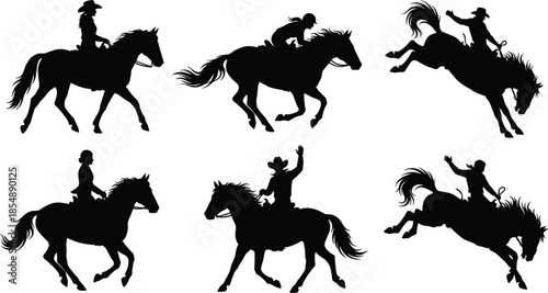 Cowboy and cowgirl horse riding silhouettes, rodeo action poses, wild bucking horse illustration, western equestrian sport graphic design collection