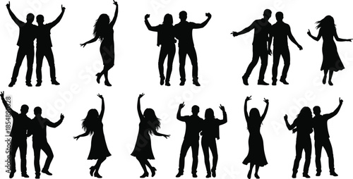 Silhouette collection of people dancing in joyful poses, showing celebration, party mood, friendship, happiness, movement, expressive dance energy and lively human activity