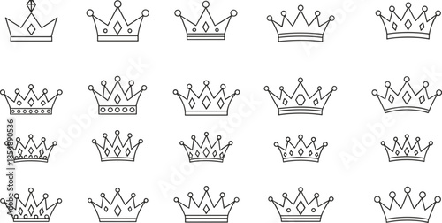 Royal crown outline icon set with luxury monarchy and king queen symbols for premium branding and decorative design