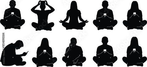 Silhouette collection of people sitting on floor using smartphones and meditating, showing mindfulness, digital lifestyle, modern behavior, relaxation, concentration and everyday activity