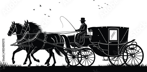 Black silhouette of a vintage horse drawn carriage with a driver and two horses traveling through a rural landscape field.