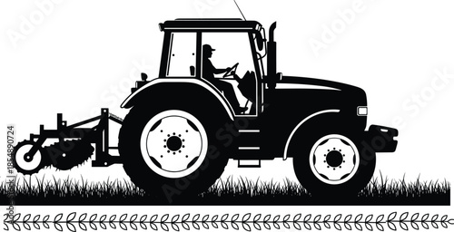 Black silhouette of modern farm tractor with driver and plow on grass field isolated on white background for agricultural design