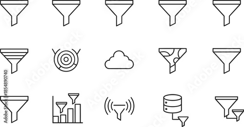 Funnel and filter outline icon set with data processing marketing analytics and conversion symbols for business and technology design