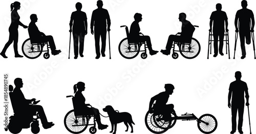 Silhouette disabled people with mobility aids, wheelchair users, crutches, walking cane, service dog, rehabilitation support, accessible lifestyle illustration, medical disability concept