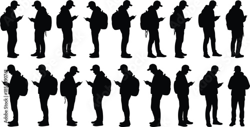 Silhouette collection of young man using smartphone while standing with backpack, showing digital lifestyle, modern behavior, mobile addiction, technology use and everyday activity