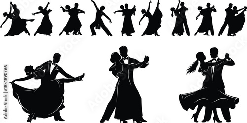 Black silhouettes of ballroom dancers in elegant poses, featuring couples dancing waltz and tango for gala, wedding, and competition events.