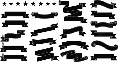 Black silhouette ribbon banners collection with various curved, folded, and scrolling banner shapes, decorative star elements, and vintage parchment style flags.