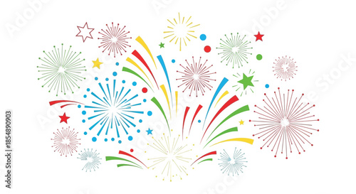 A vibrant display of colorful fireworks bursts illuminating a celebratory scene with various shapes