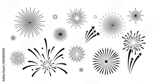 A collection of stylized fireworks in varying shapes and sizes depicted in a monochrome aesthetic