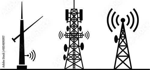 Collection of black silhouette telecommunication towers and radio antennas isolated on white background for mobile network technology and wireless communication
