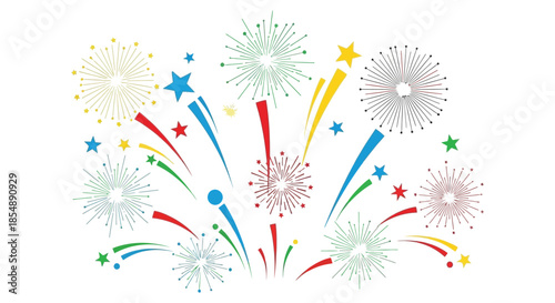 A vibrant display of colorful fireworks bursting across a white background creating a festive scene