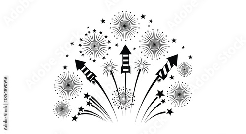 A striking black and white illustration depicts celebratory fireworks and upward pointing arrows creating a dynamic design