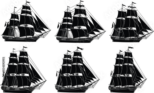 Collection of black silhouette vintage sailing ship icons isolated on white background for nautical design historical maritime travel and marine art