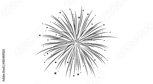 A striking black and white illustration of a firework burst with radiating lines and scattered dots