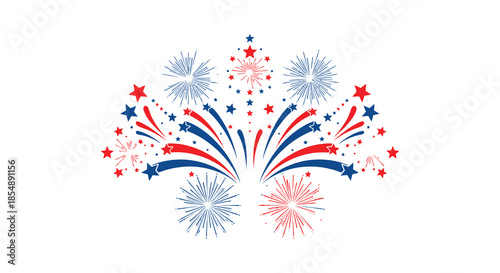 A vibrant display of red white and blue fireworks bursts in a celebratory patriotic arrangement