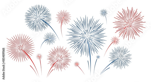 A vibrant illustration of red and blue fireworks bursts set against a clean white background