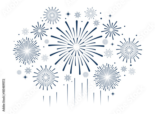  Elegant blue fireworks burst and sparkling stars on clean white background, festive celebration illustration for New Year, holiday party, greeting card, luxury event design, minimalist style vector.