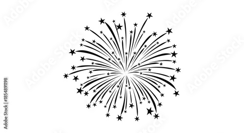 A stunning black and white illustration depicts a burst of fireworks with scattered stars