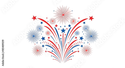 A vibrant display of red white and blue fireworks bursts illuminating a celebratory and festive atmosphere